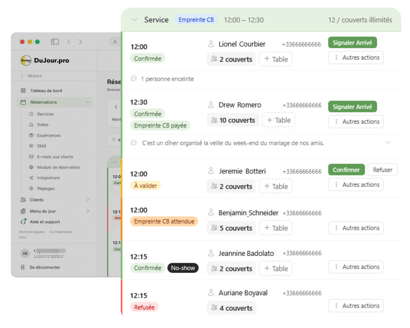 L'interface DuJour.pro : la liste des réservations d'un service, avec le statut de chaque demande.